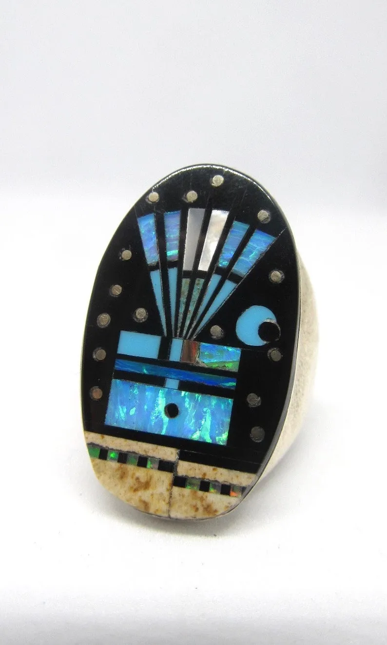 STARRY NIGHT Gilbert Smith Silver S Inlay Yei Kachina Mens Ring, Sz 11 1/2