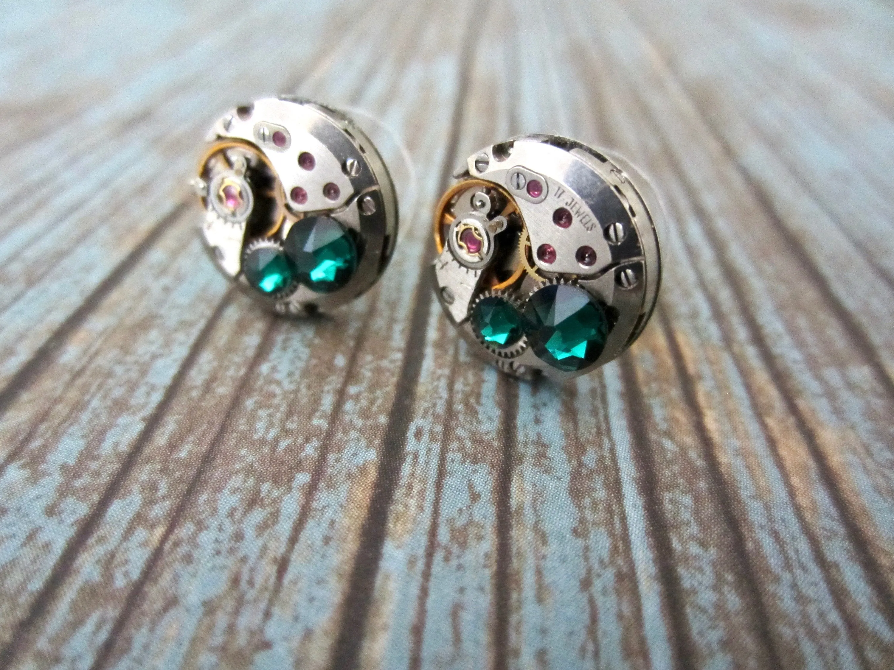 Steampunk Stud Earrings with Mechanical Watch Movement - Post Earrings - Emerald - May Birthstone - Steampunk jewelry - gift for mom