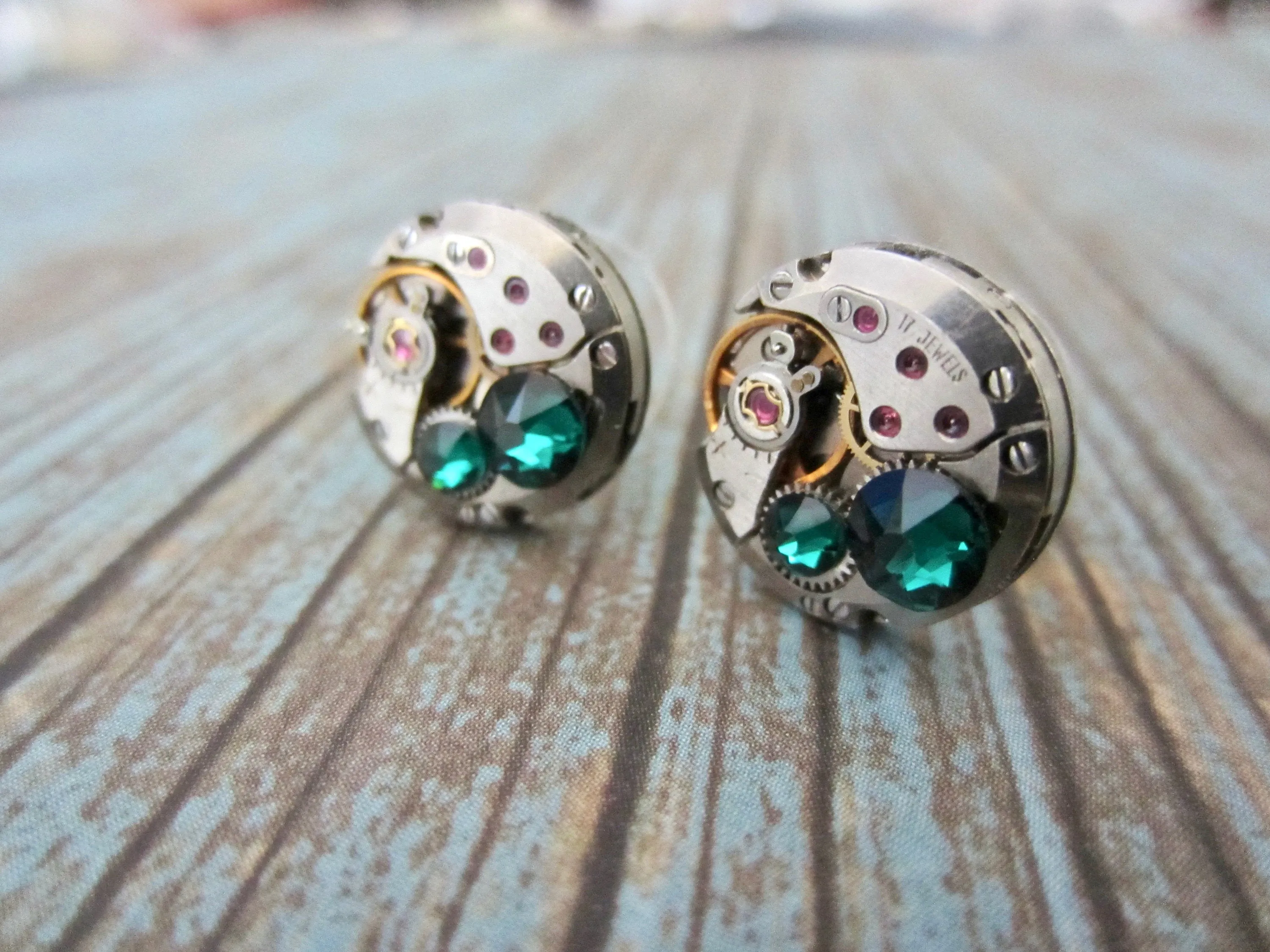 Steampunk Stud Earrings with Mechanical Watch Movement - Post Earrings - Emerald - May Birthstone - Steampunk jewelry - gift for mom