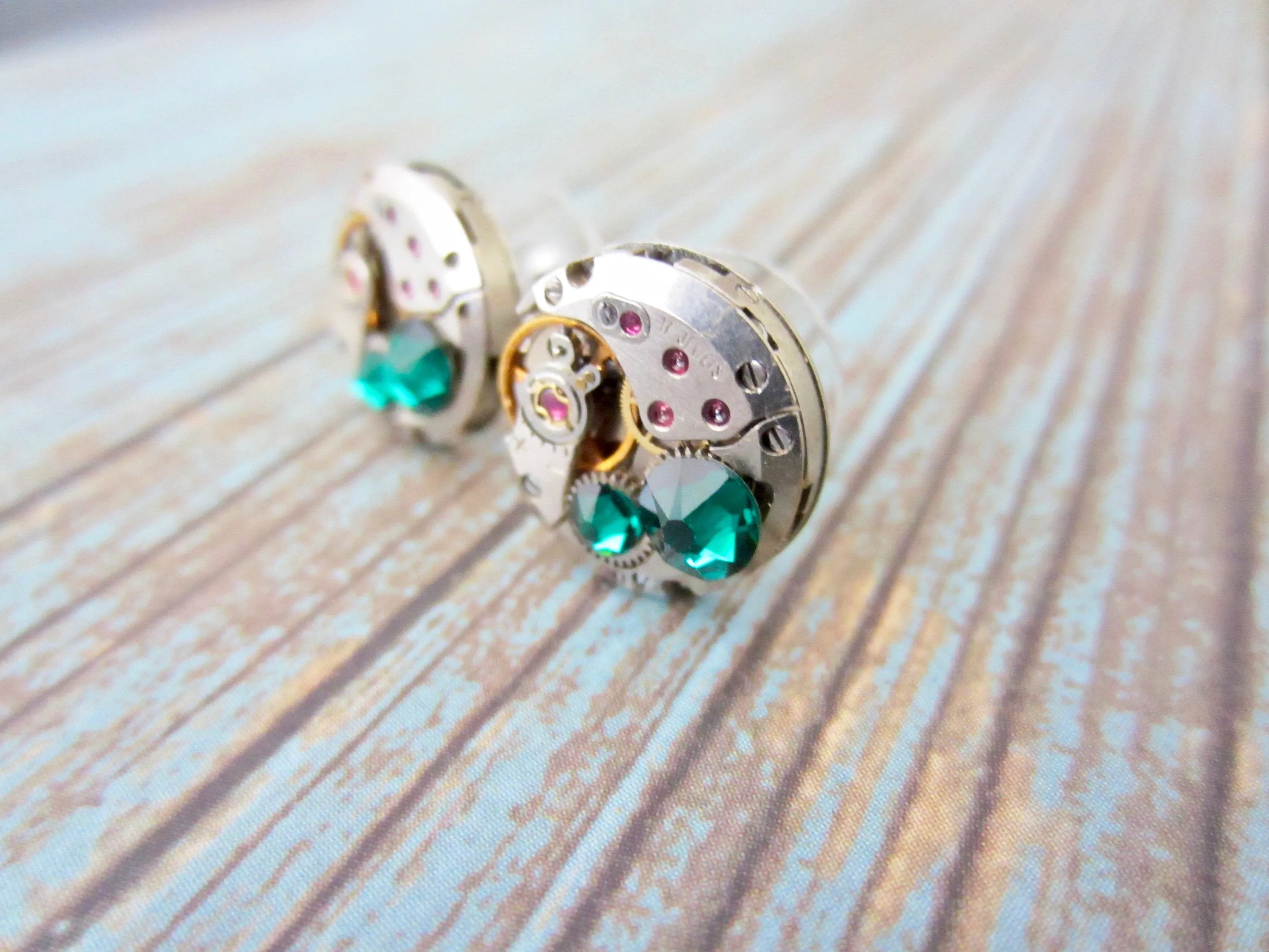 Steampunk Stud Earrings with Mechanical Watch Movement - Post Earrings - Emerald - May Birthstone - Steampunk jewelry - gift for mom