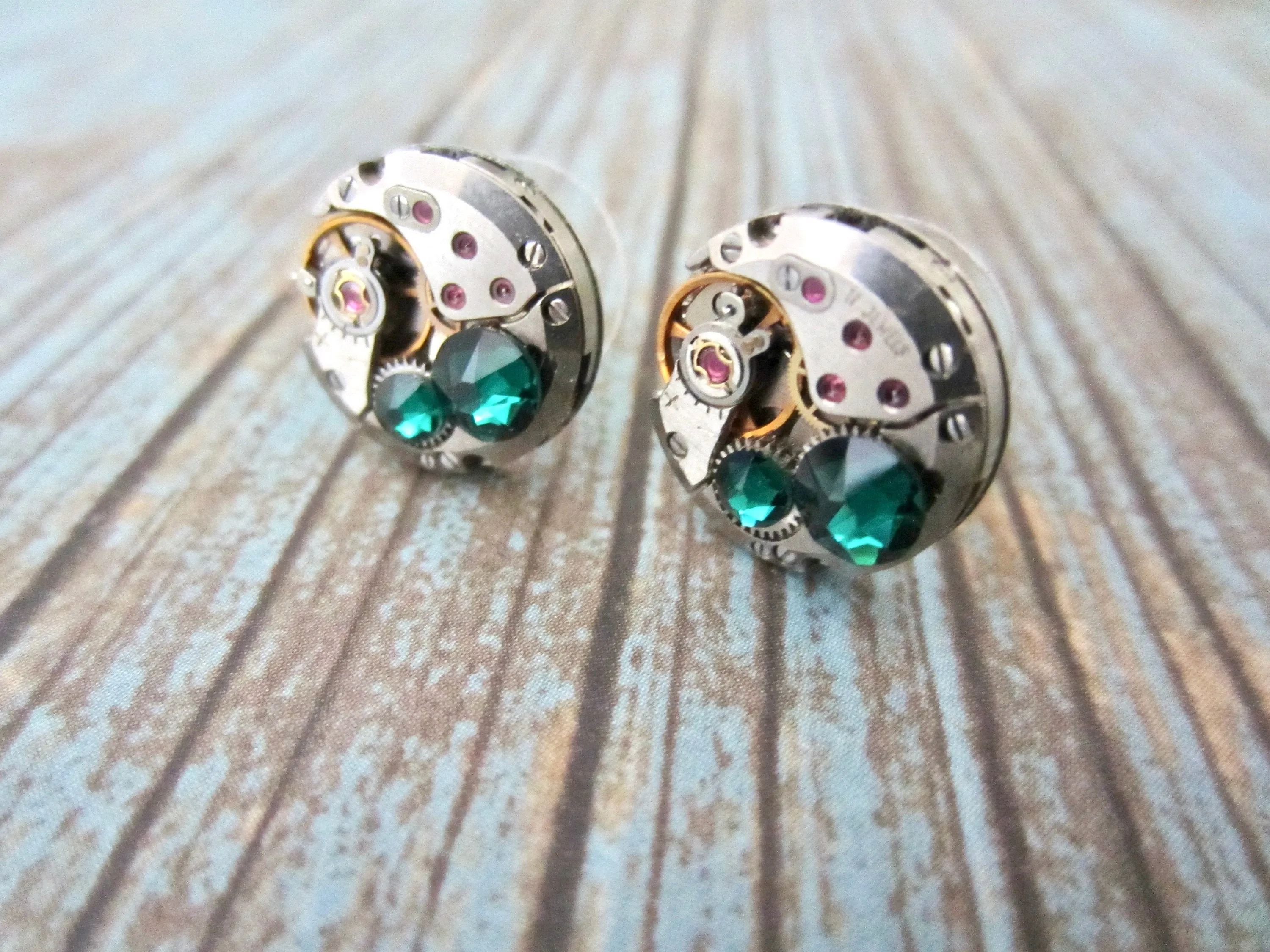 Steampunk Stud Earrings with Mechanical Watch Movement - Post Earrings - Emerald - May Birthstone - Steampunk jewelry - gift for mom