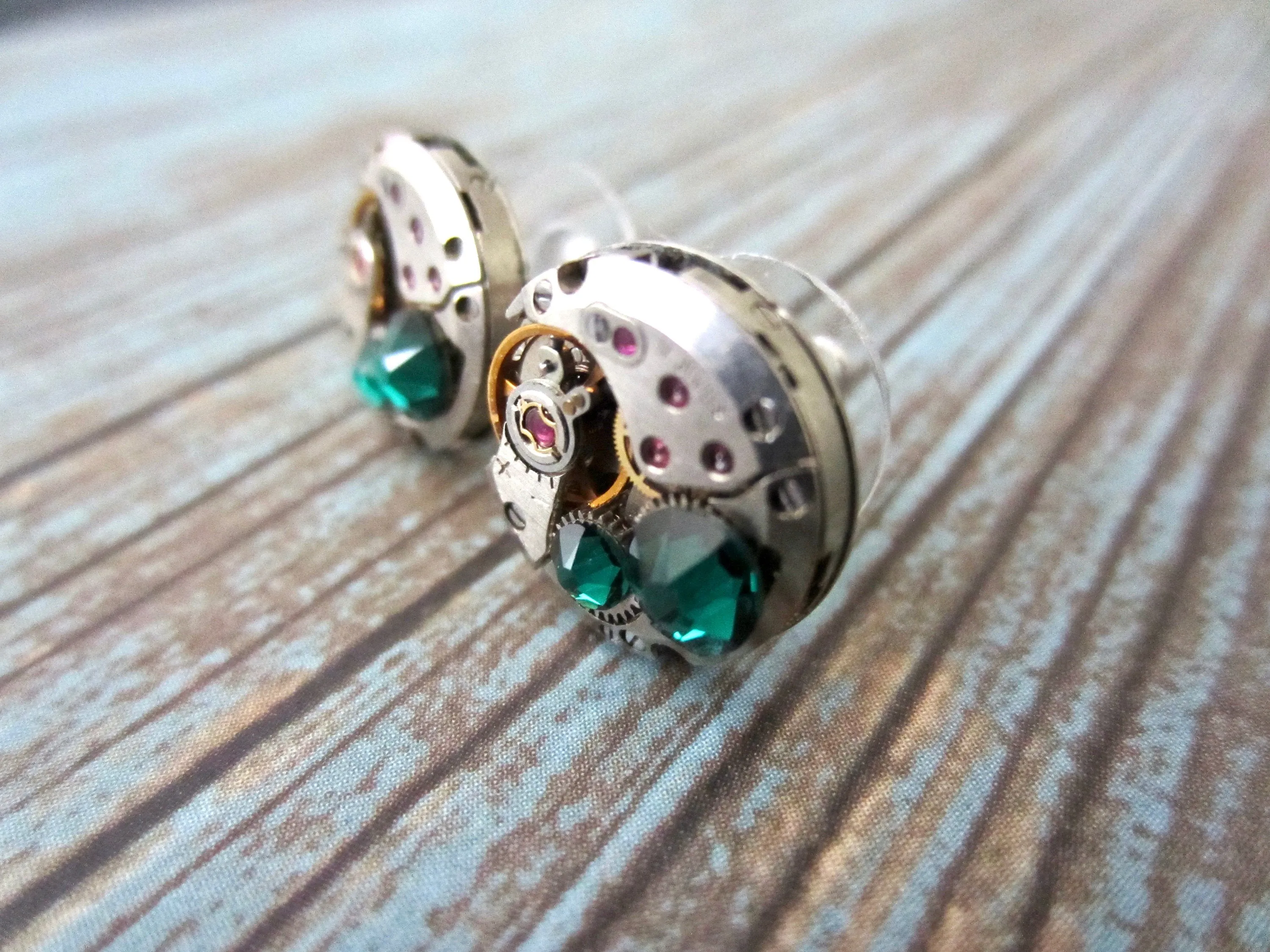 Steampunk Stud Earrings with Mechanical Watch Movement - Post Earrings - Emerald - May Birthstone - Steampunk jewelry - gift for mom