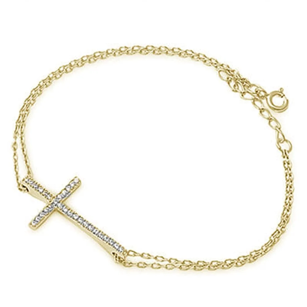 Sterling Silver Cross Bracelets with CZ, Rhodium, Rose or Yellow Gold Plated One or Two Strands 7"