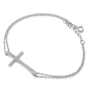 Sterling Silver Cross Bracelets with CZ, Rhodium, Rose or Yellow Gold Plated One or Two Strands 7"