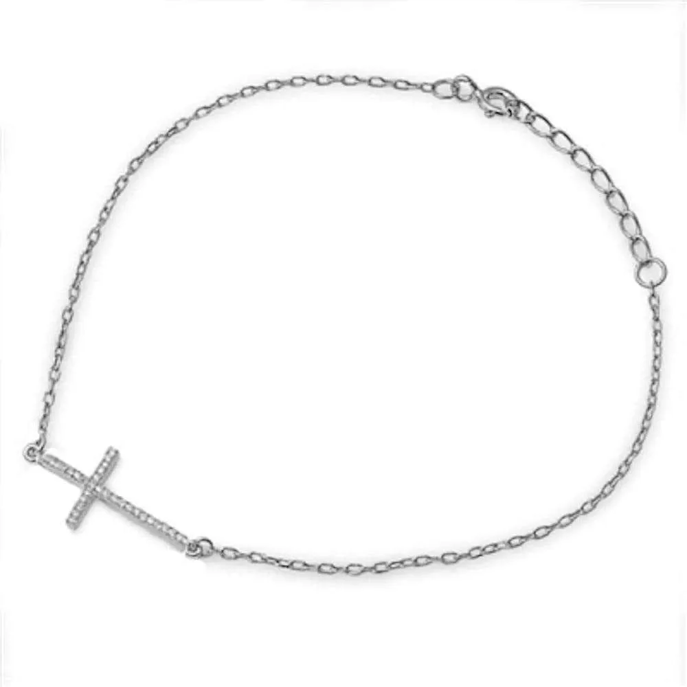 Sterling Silver Cross Bracelets with CZ, Rhodium, Rose or Yellow Gold Plated One or Two Strands 7"