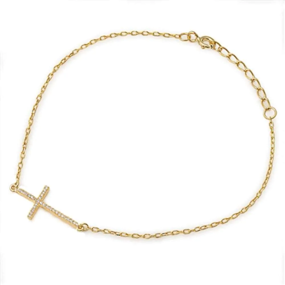 Sterling Silver Cross Bracelets with CZ, Rhodium, Rose or Yellow Gold Plated One or Two Strands 7"