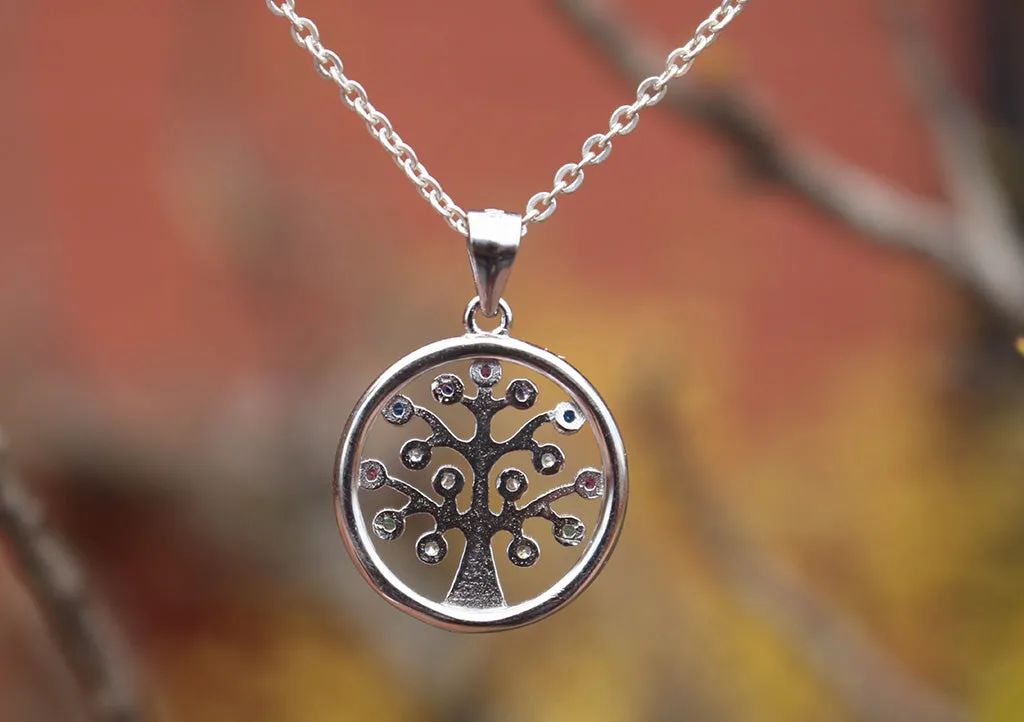 Sterling Silver Tree of Life Pendant with Multi Color Inlaid Stone