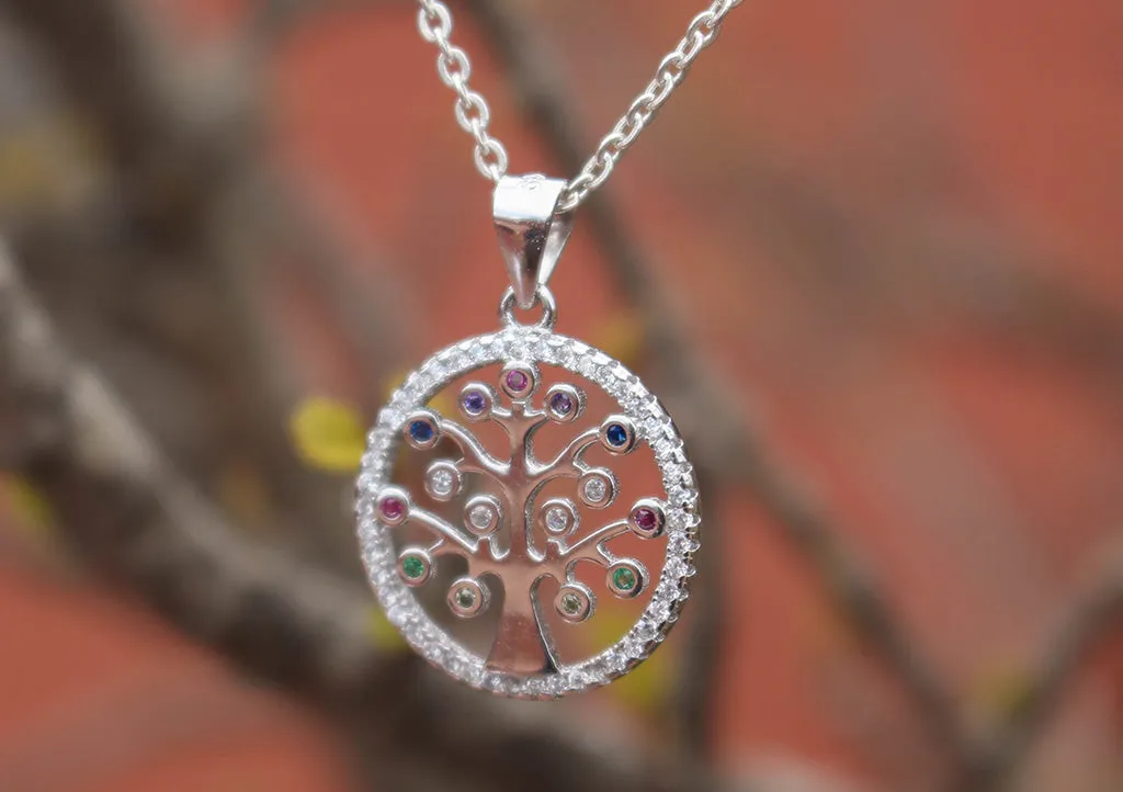 Sterling Silver Tree of Life Pendant with Multi Color Inlaid Stone