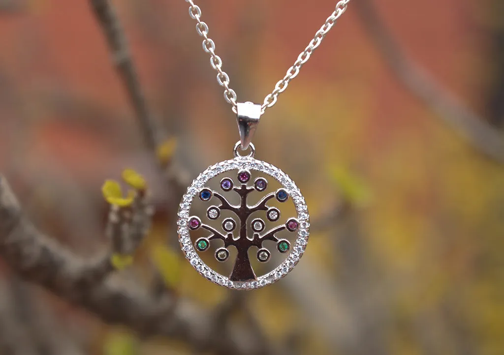 Sterling Silver Tree of Life Pendant with Multi Color Inlaid Stone