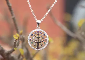 Sterling Silver Tree of Life Pendant with Multi Color Inlaid Stone