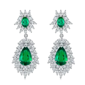 Stunning 4.12 Carat Oval and Pear-Shaped Lab-Created Emerald Drop Earrings with Fireworks Halo in S925 Silver Plated Platinum