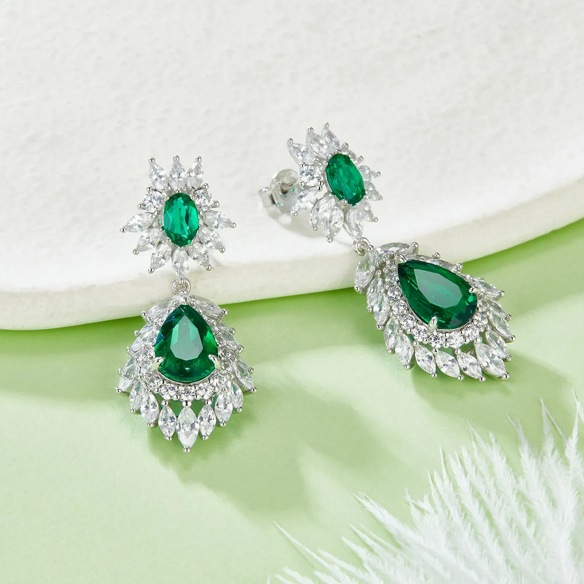 Stunning 4.12 Carat Oval and Pear-Shaped Lab-Created Emerald Drop Earrings with Fireworks Halo in S925 Silver Plated Platinum