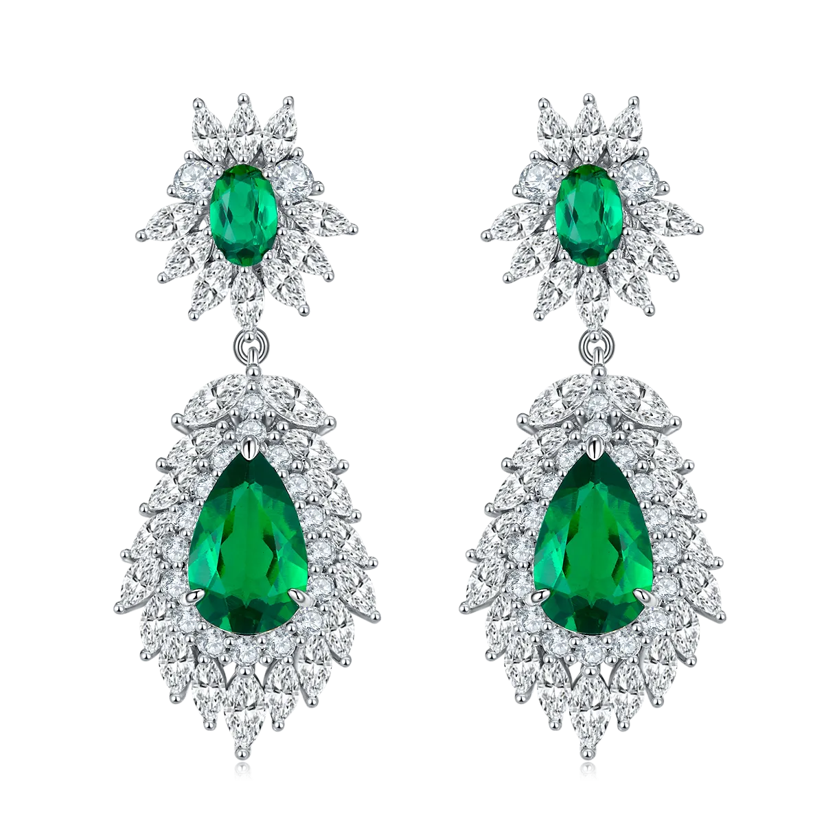 Stunning 4.12 Carat Oval and Pear-Shaped Lab-Created Emerald Drop Earrings with Fireworks Halo in S925 Silver Plated Platinum