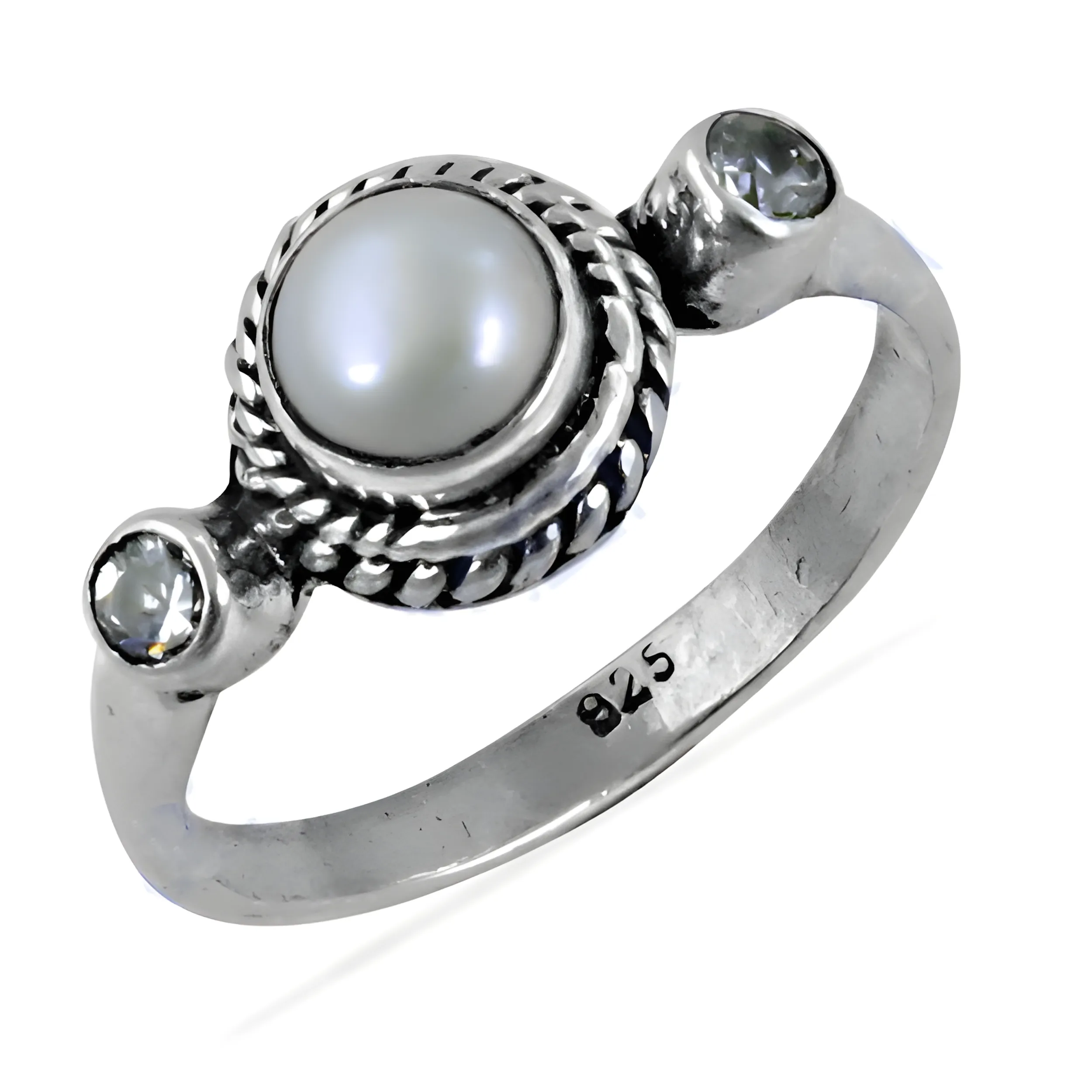 Stunning Pearl & Cubic Zirconia Gemstone Silver Designer Ring | 925 Sterling Silver Jewelry