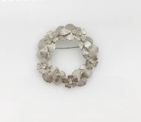 Textured Vintage Silver Wreath Brooch with Rhinestones