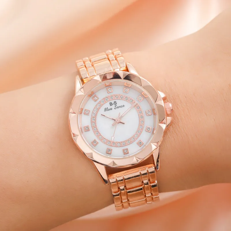 Trendy Steel Watch Simple Lady Temperament Gold Watch round Dial Full Diamond Quartz Watch