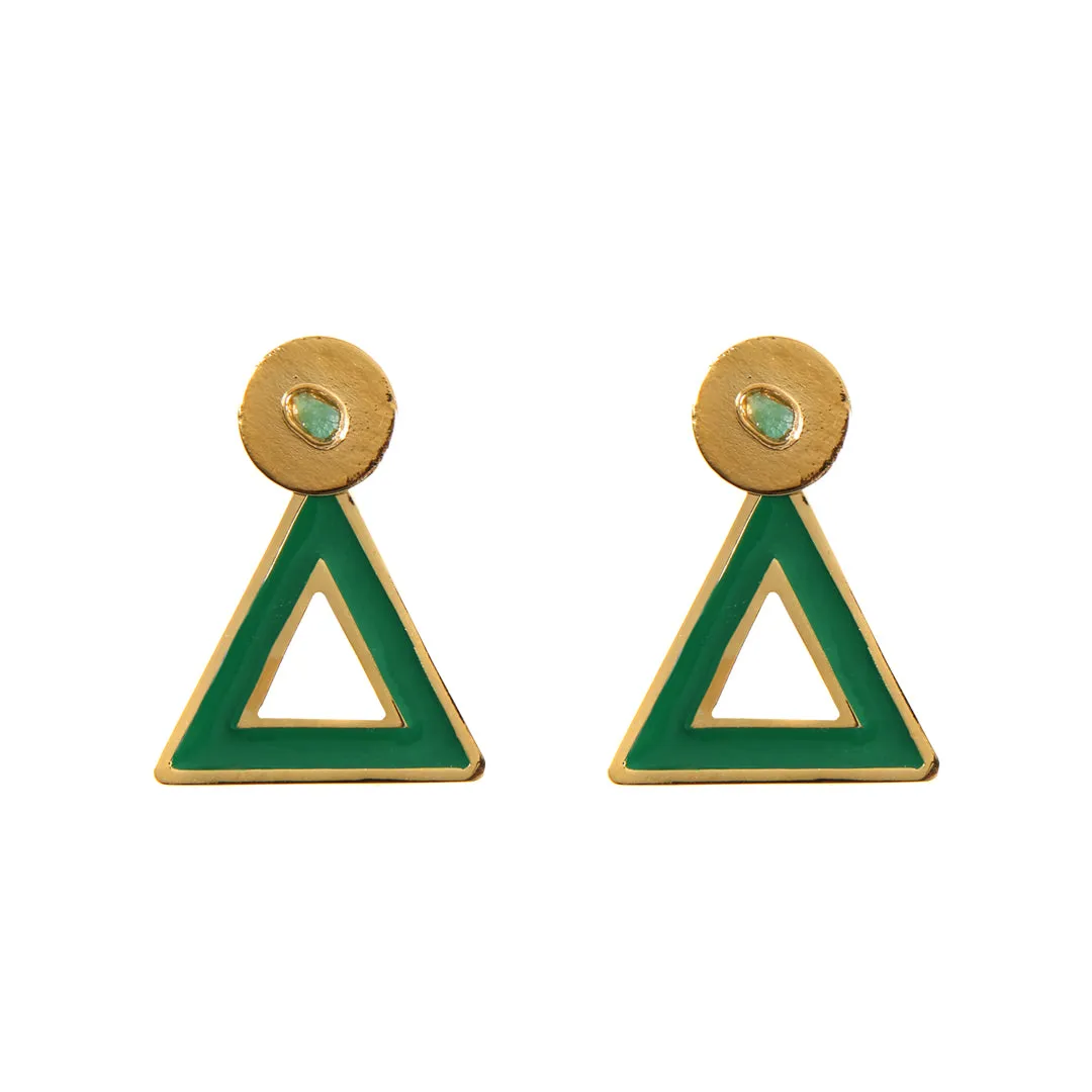 Triangle Dimensiones Collection Colombian Raw Emerald & 24k Gold Plated Small Earrings