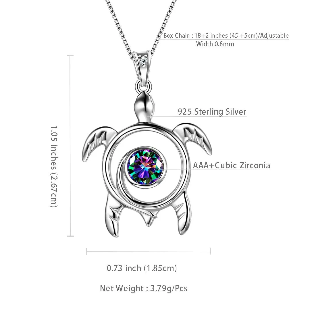 Turtle Rainbow Mystic Topaz Necklaces Women Girls Jewelry Gift Sterling Silver