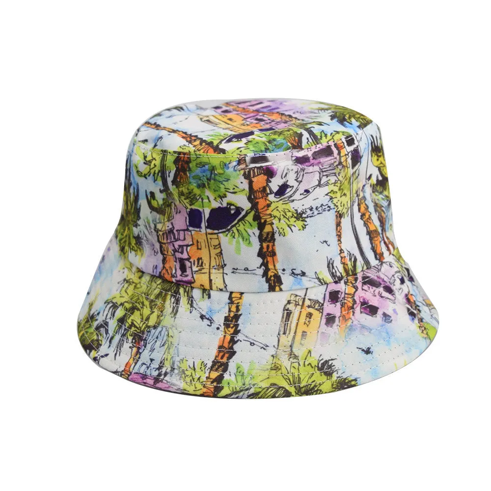 Unisex Reservible Sandy Beach Print Boonie Bucket Hat Cap Brim Outdoor Sun Safari Camping Fishing