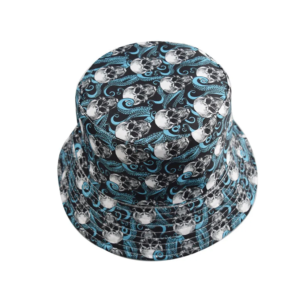 Unisex Reservible Skull Print Boonie Bucket Hat Cap Brim Outdoor Sun Safari Camping Fishing