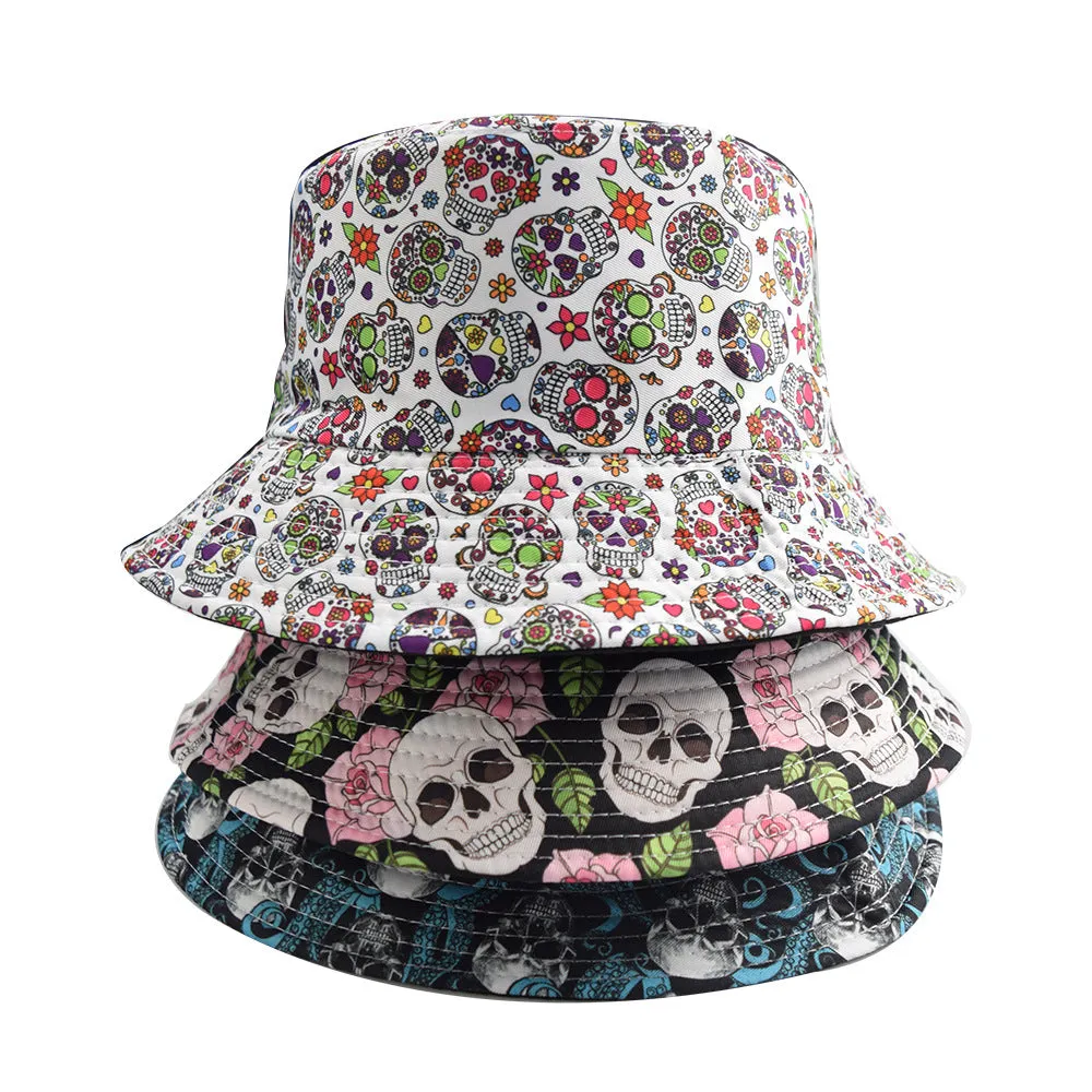 Unisex Reservible Skull Print Boonie Bucket Hat Cap Brim Outdoor Sun Safari Camping Fishing