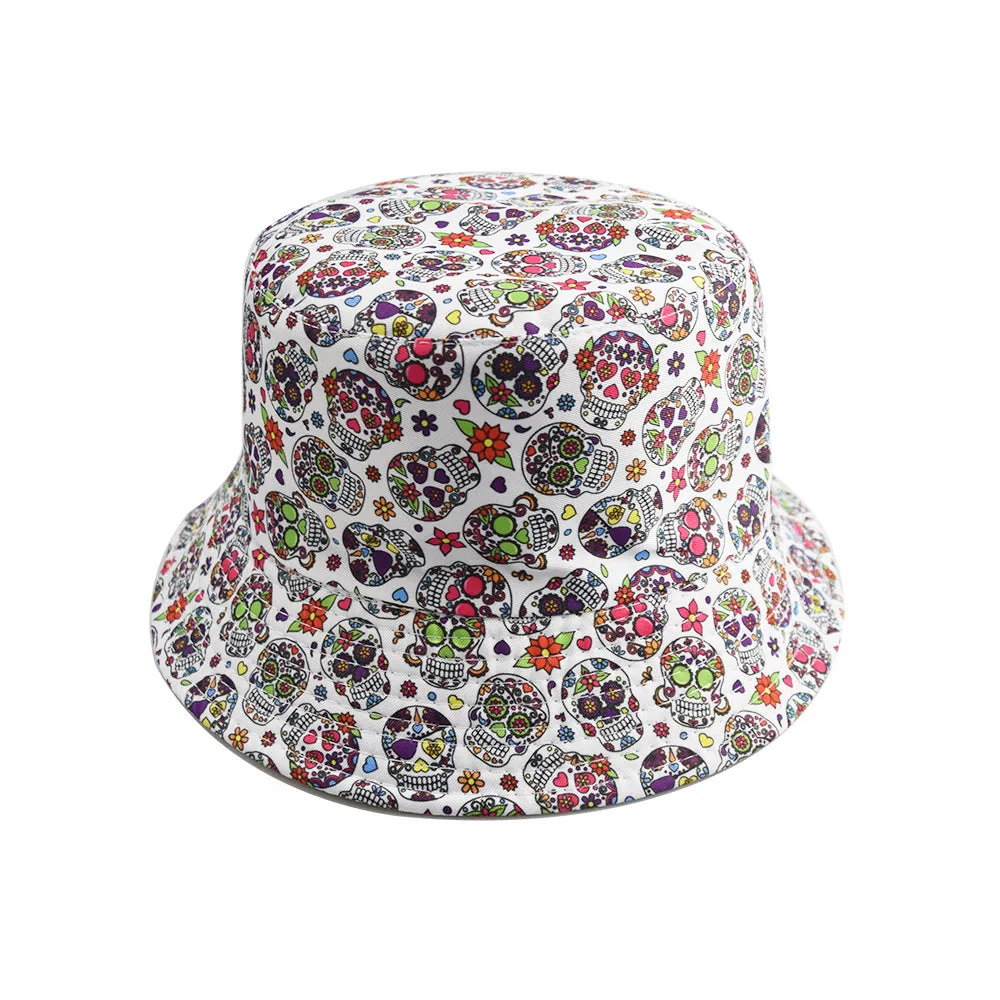 Unisex Reservible Skull Print Boonie Bucket Hat Cap Brim Outdoor Sun Safari Camping Fishing