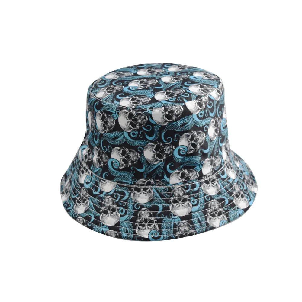 Unisex Reservible Skull Print Boonie Bucket Hat Cap Brim Outdoor Sun Safari Camping Fishing