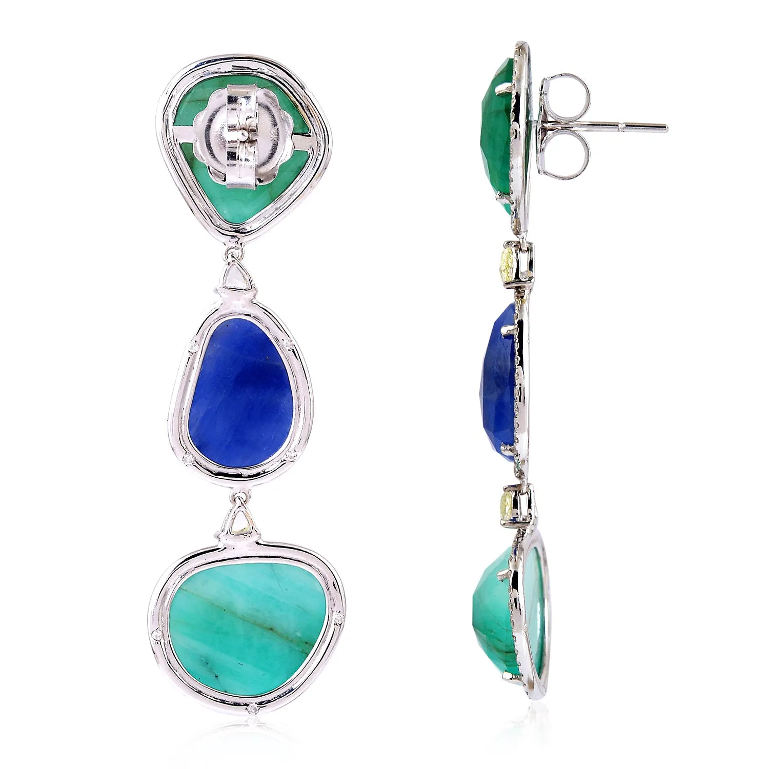 Unshaped Emerald & Blue Sapphire Prong Diamond Designer Dangler In 18K White Gold For Her