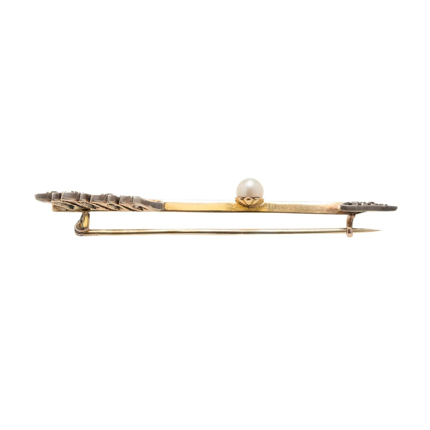 Victorian Silver-Topped 15k Pearl   Diamond Arrow Pin