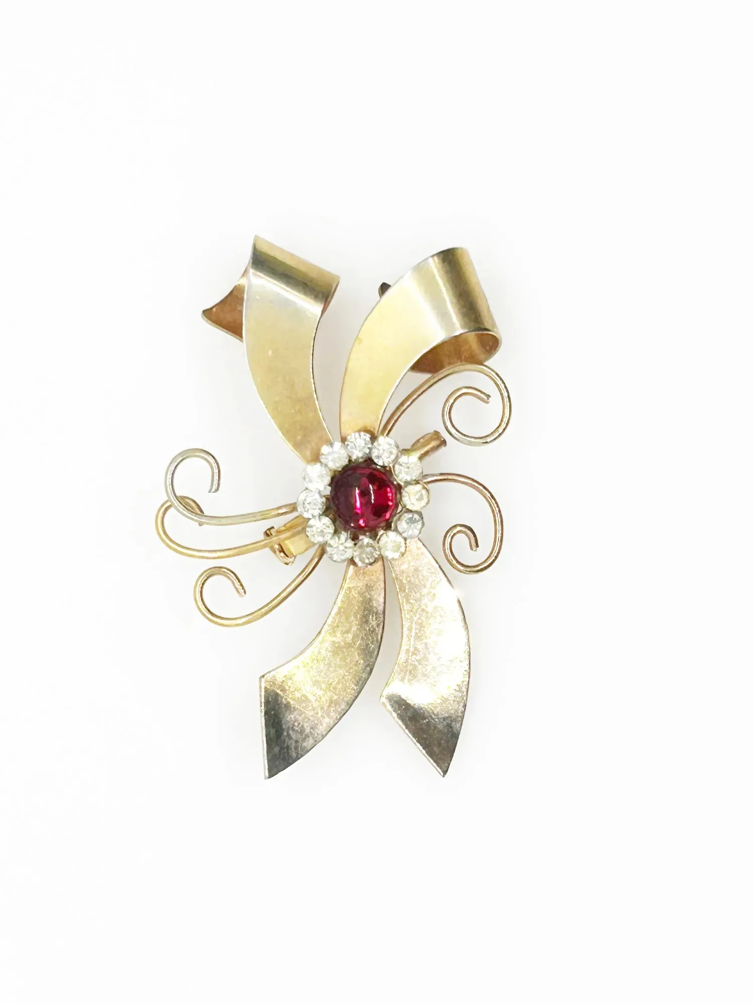 Vintage Abstract Bow Brooch with Red Cabochon and Bright Rhinestones