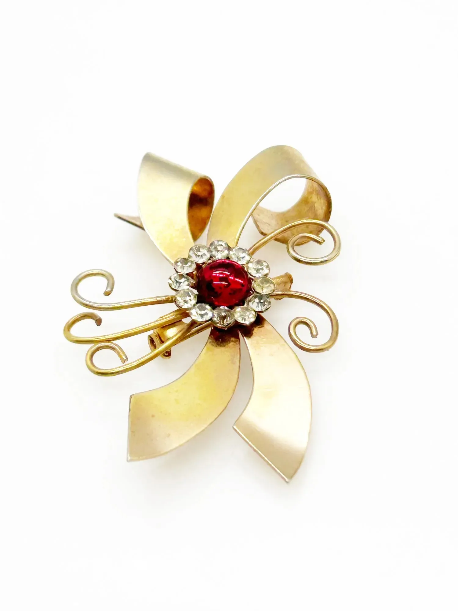 Vintage Abstract Bow Brooch with Red Cabochon and Bright Rhinestones