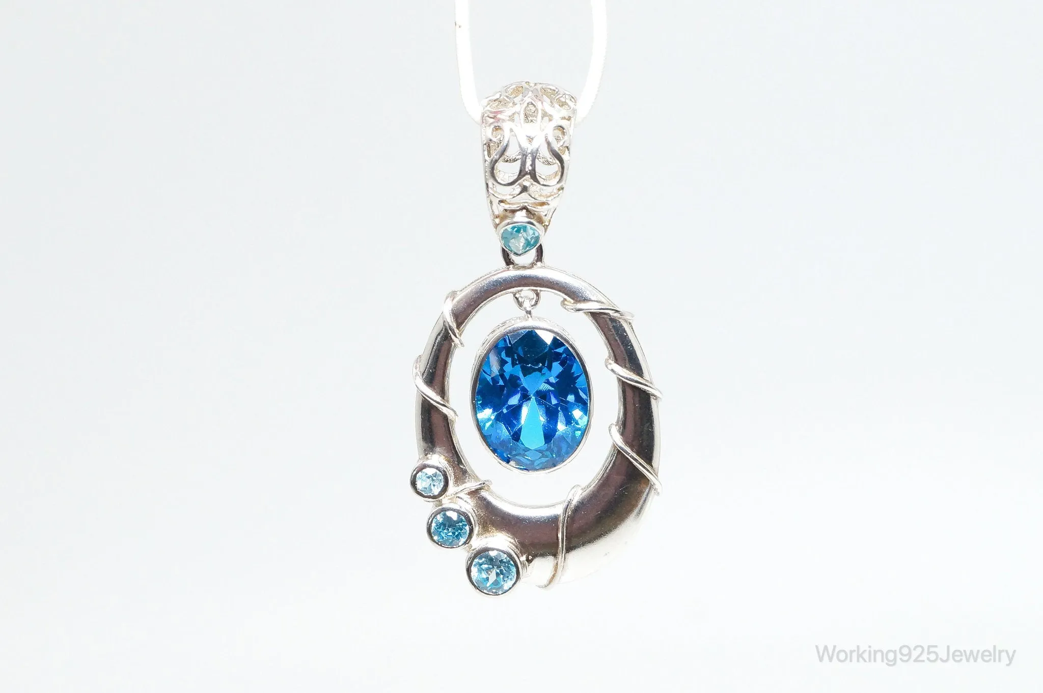 Vintage Art Deco Large Blue Topaz Sterling Silver Pendant