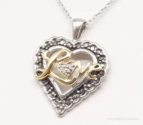 Vintage Black & White Diamond Heart Gold Over "Love" Sterling Silver Necklace 18"