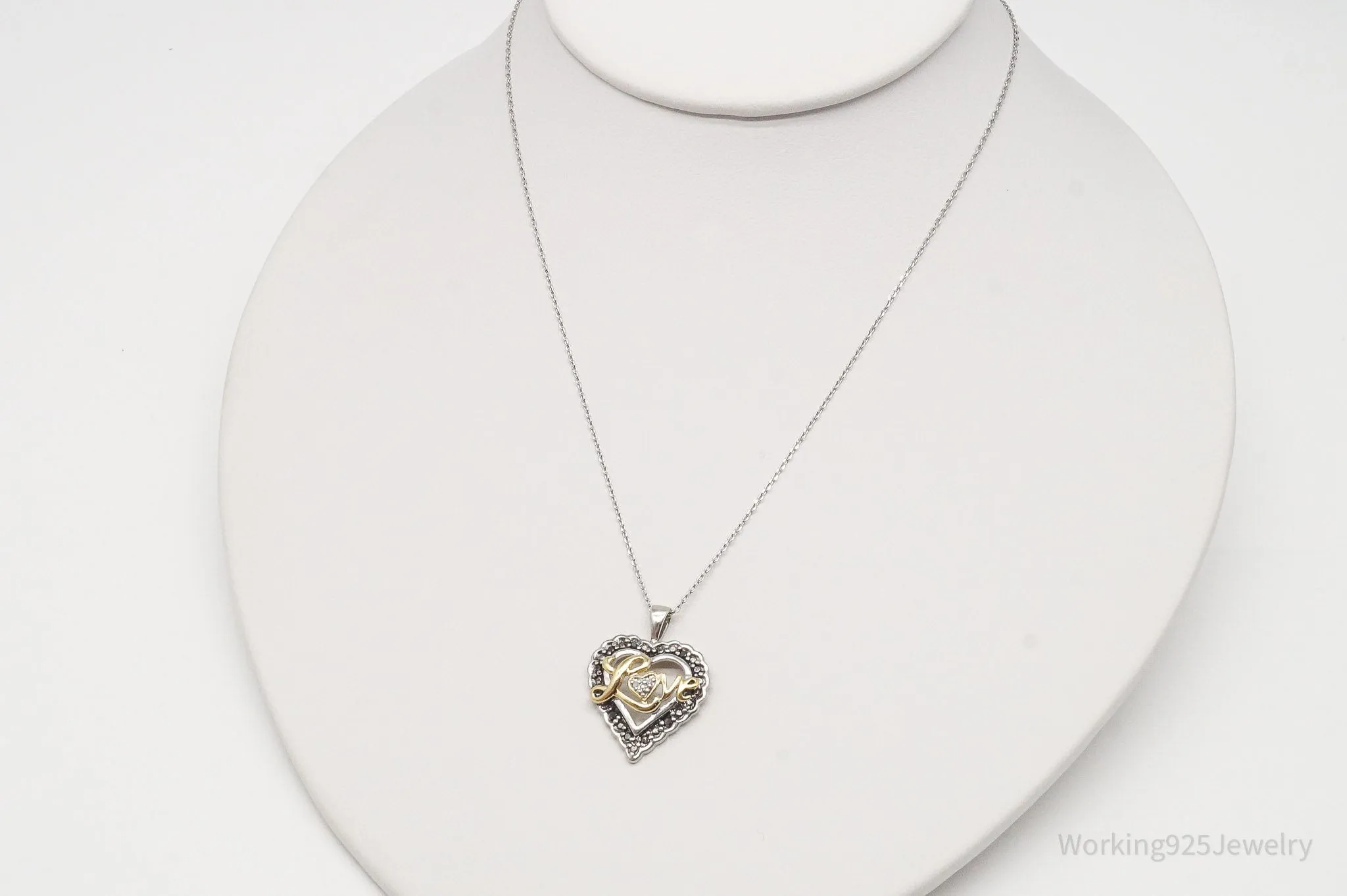 Vintage Black & White Diamond Heart Gold Over "Love" Sterling Silver Necklace 18"