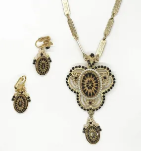 Vintage Cut Glass Black and Gold Necklace/Brooch and Earring Set