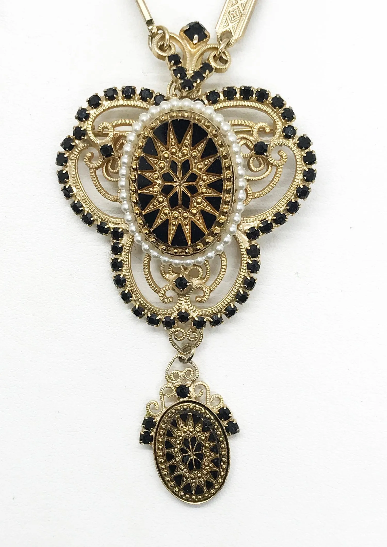 Vintage Cut Glass Black and Gold Necklace/Brooch and Earring Set