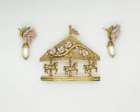 Vintage Denton Bone China Carousel Brooch and Earrings