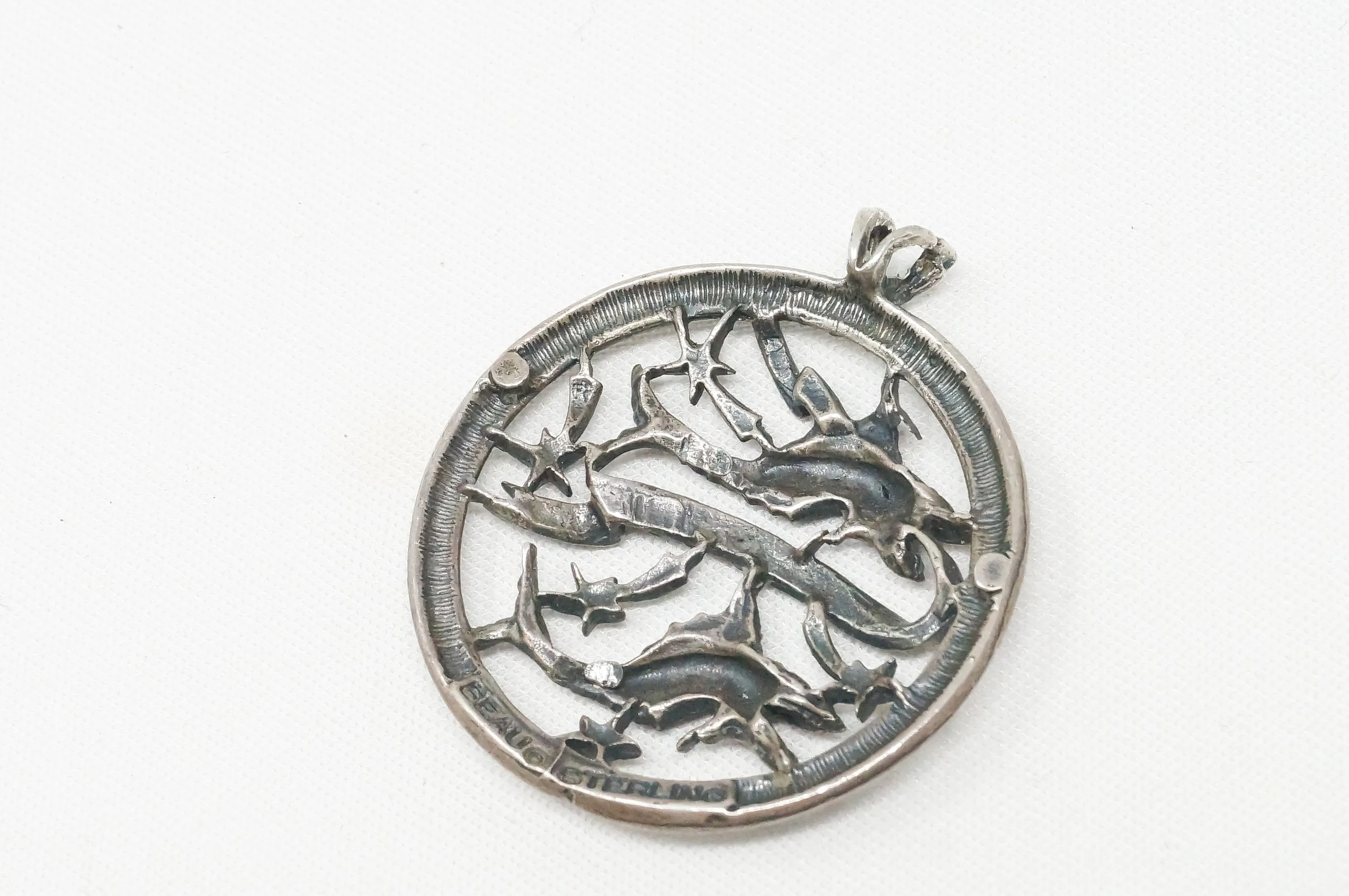 Vintage Designer Beau Abstract Astrology Pisces Sterling Silver Necklace Pendant