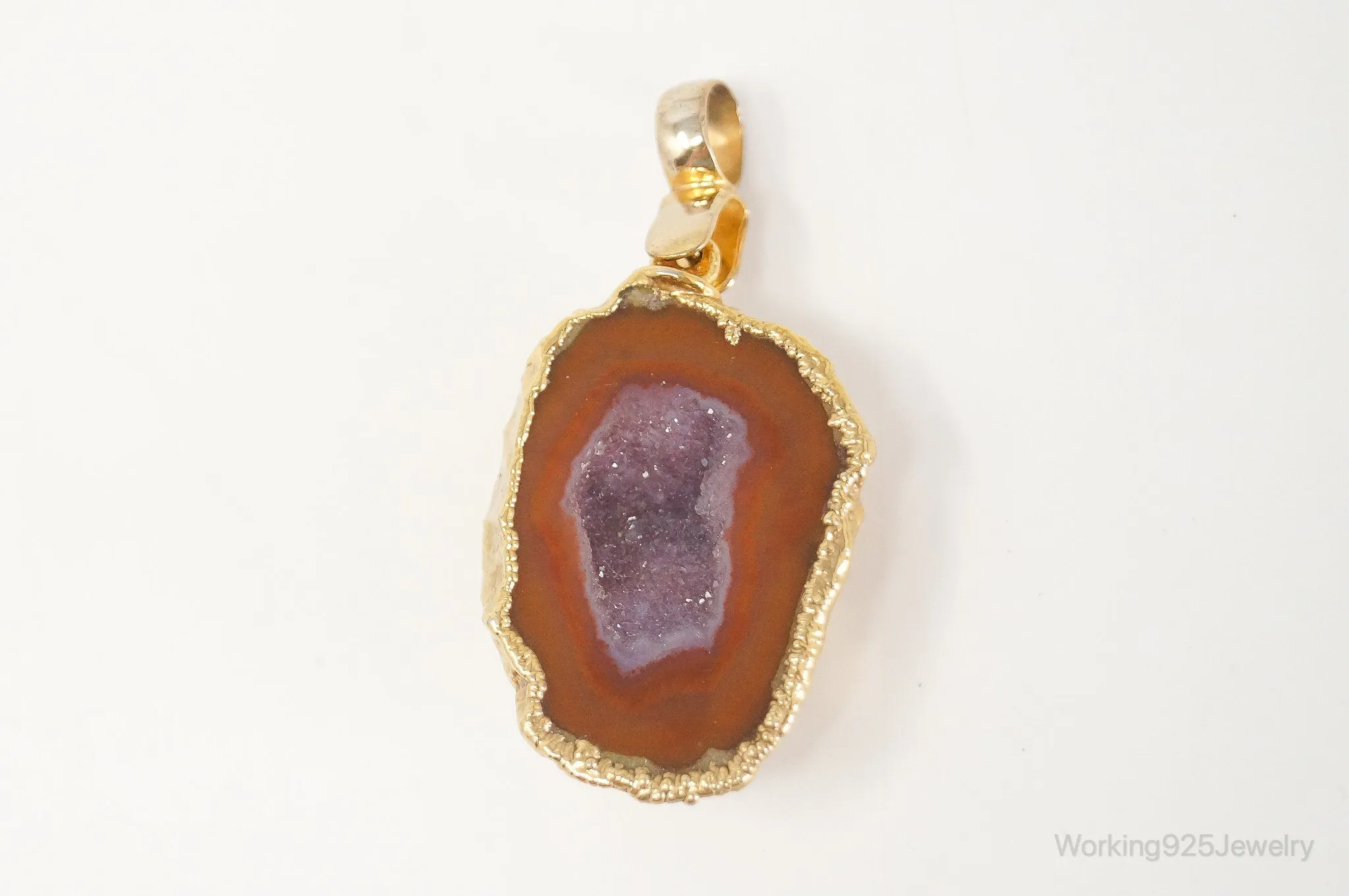 Vintage Druzy Agate Geode Gold Vermeil Sterling Silver Necklace Pendant