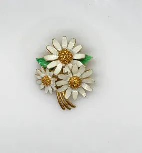 Vintage Enamel and Rhinestone Daisy Brooch