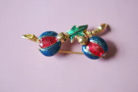 Vintage Enamel Costume Brooch Two Birds On A Branch Pin