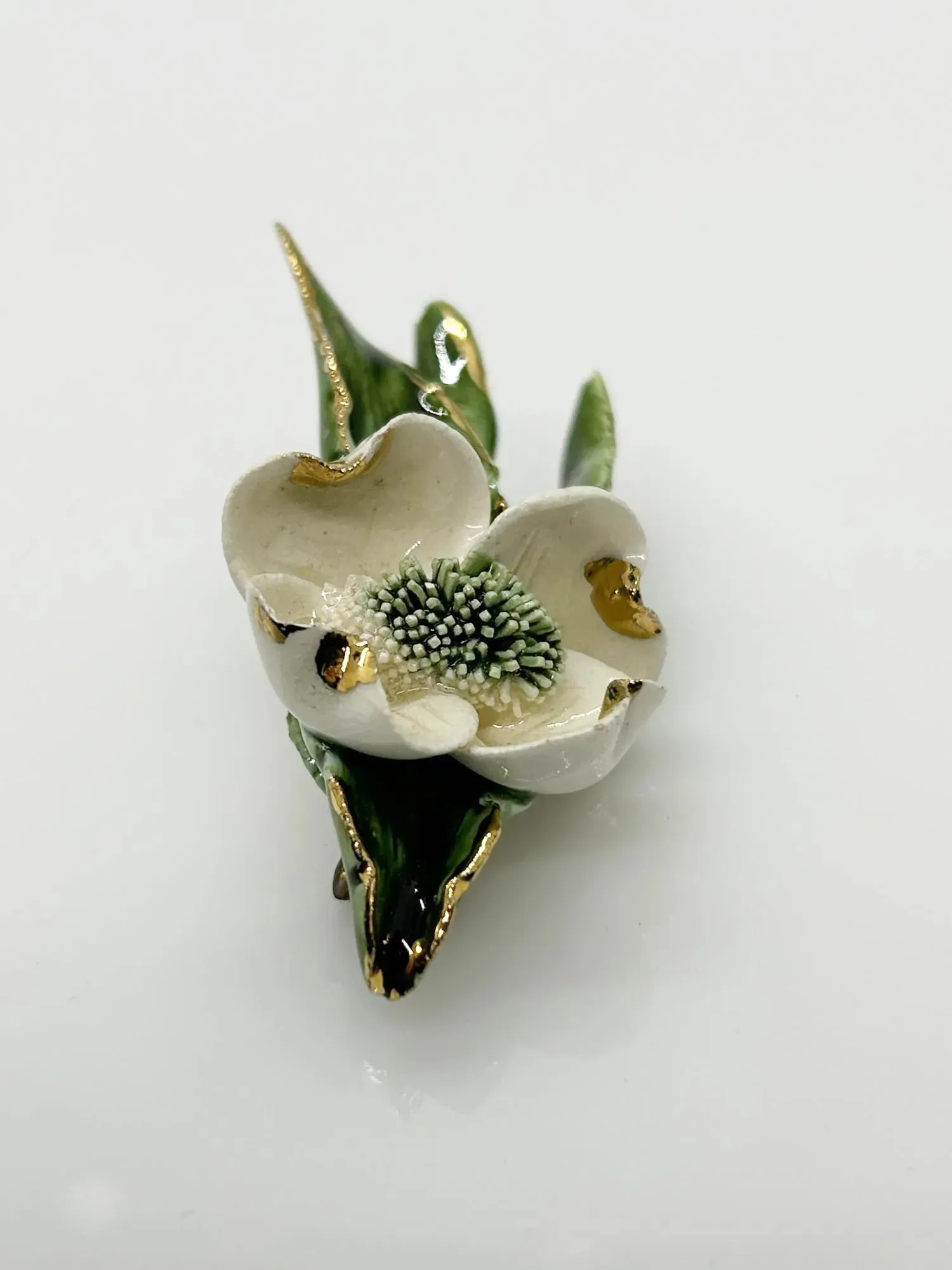 Vintage Enameled White Flower Brooch with Gold Tipped Petals