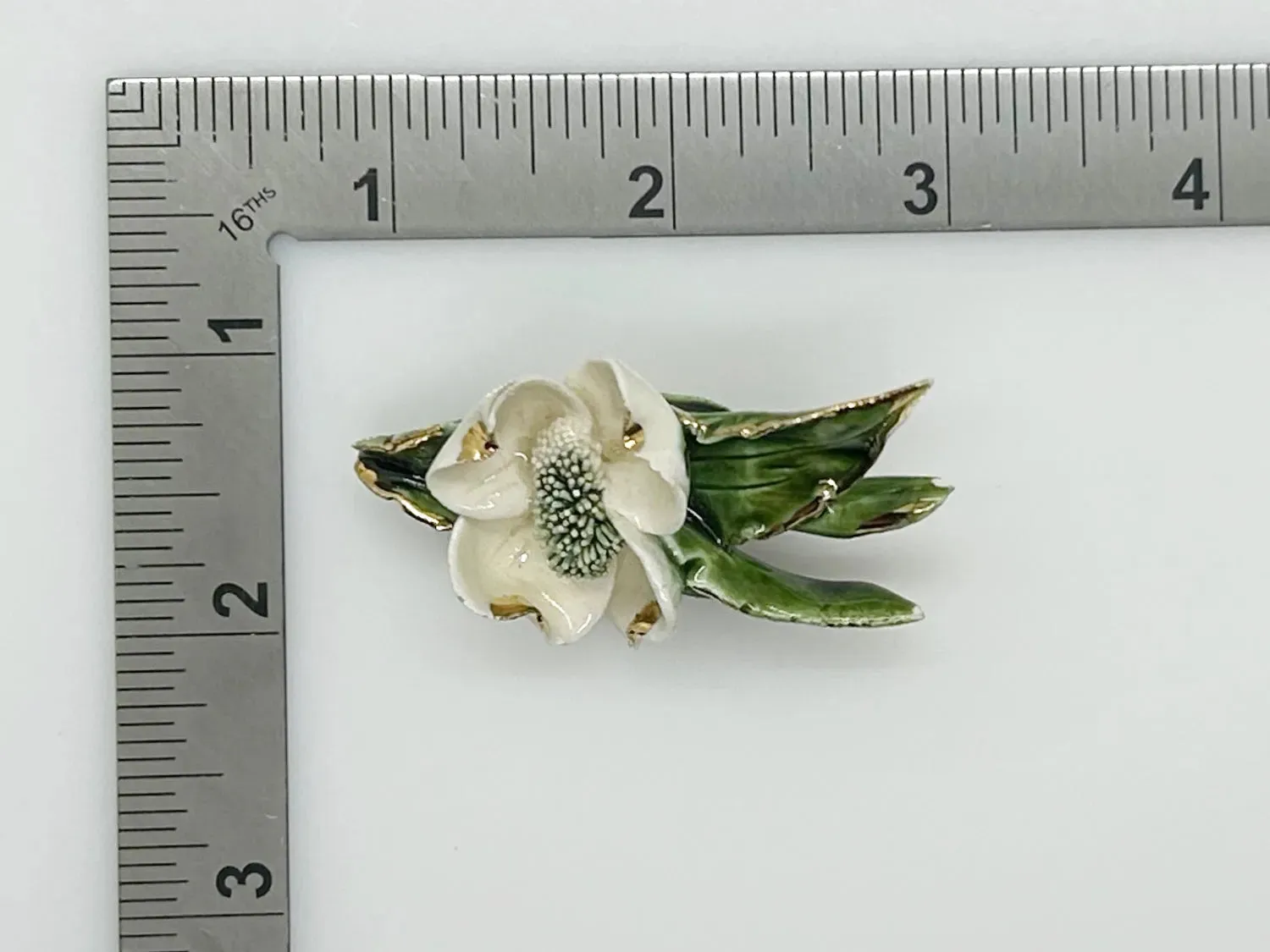 Vintage Enameled White Flower Brooch with Gold Tipped Petals