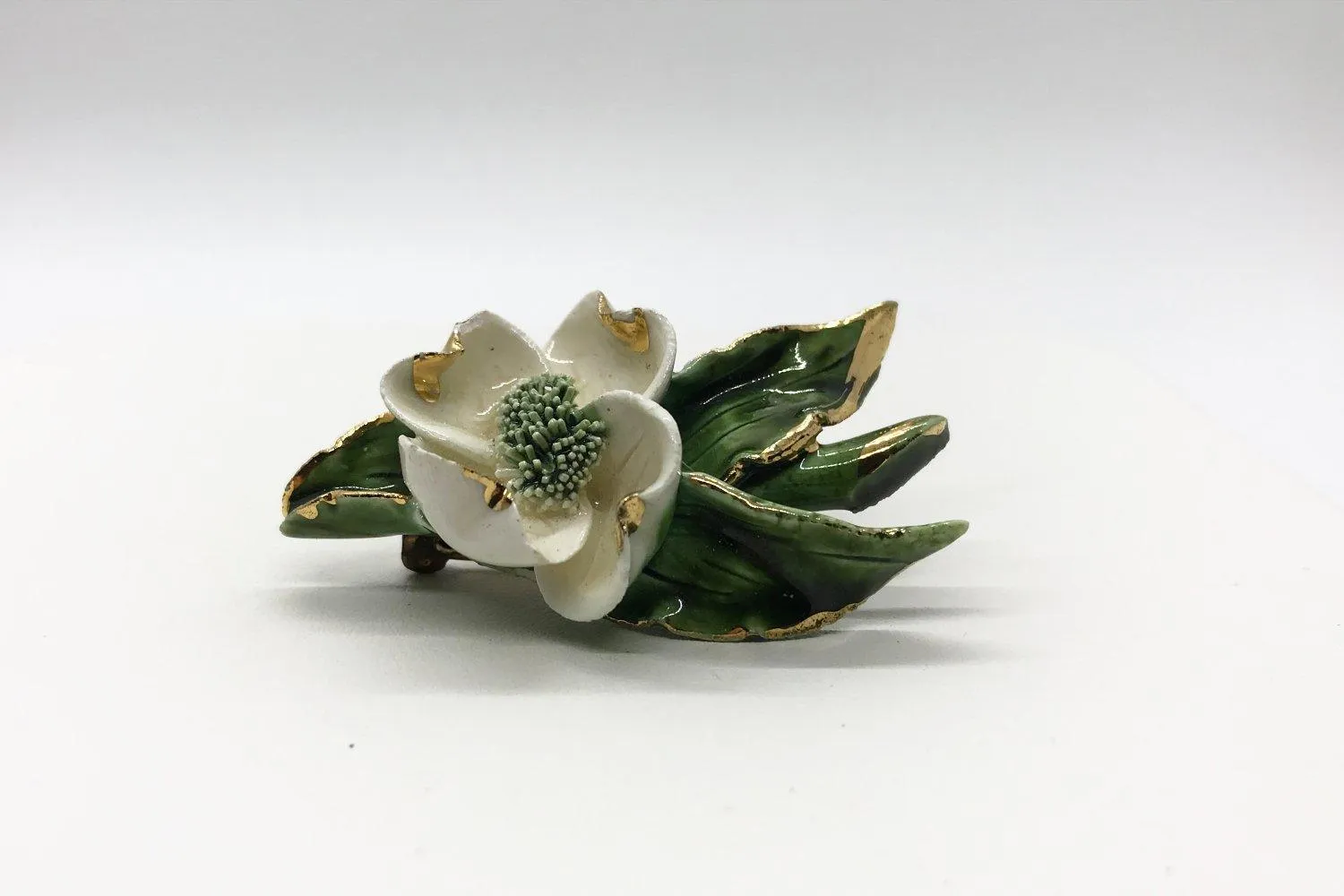 Vintage Enameled White Flower Brooch with Gold Tipped Petals