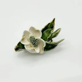 Vintage Enameled White Flower Brooch with Gold Tipped Petals