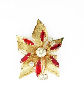 Vintage Gold tone Leaf Brooch with Red and White Stones