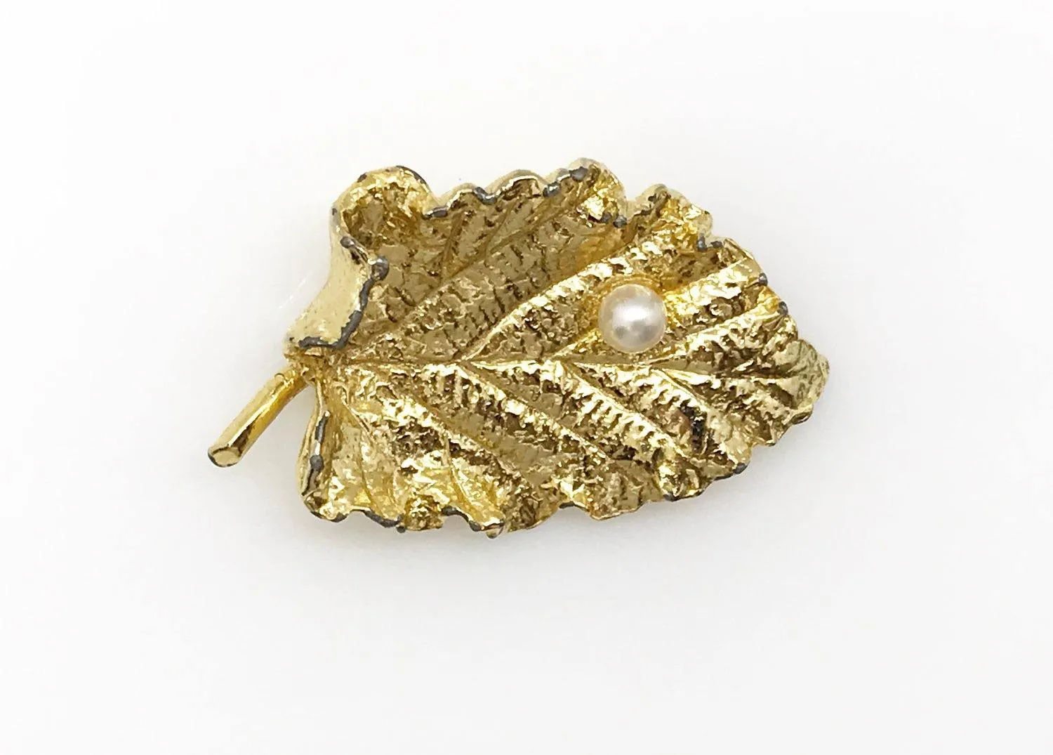 Vintage Golden Leaf Brooch with Pearl