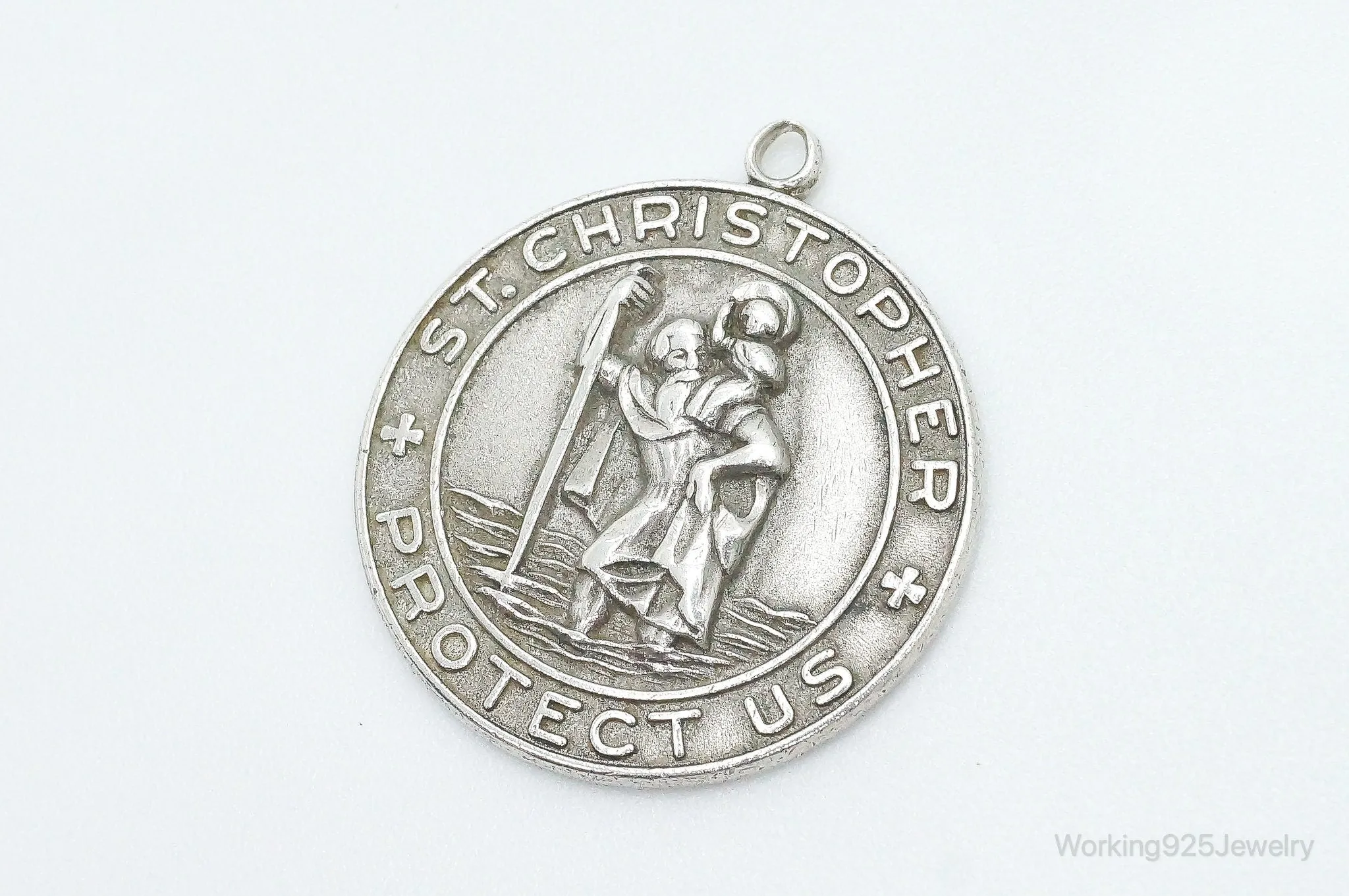 Vintage HBF Saint Christopher Protect Us Sterling Silver Pendant / Charm