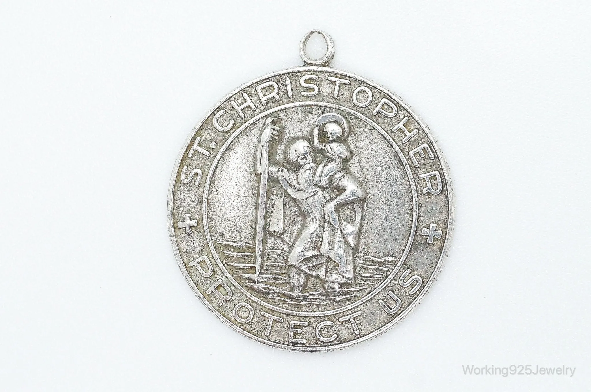 Vintage HBF Saint Christopher Protect Us Sterling Silver Pendant / Charm