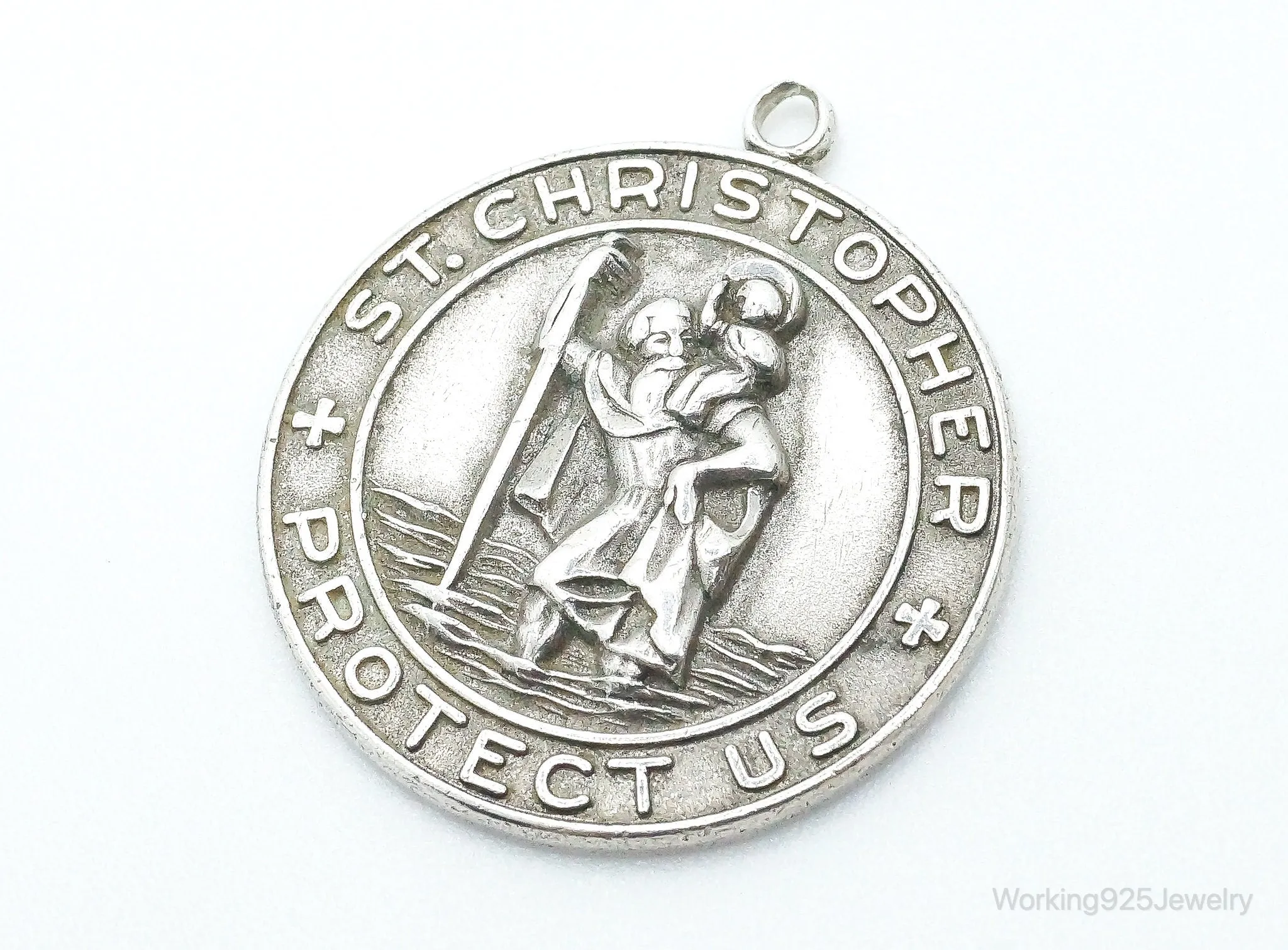 Vintage HBF Saint Christopher Protect Us Sterling Silver Pendant / Charm